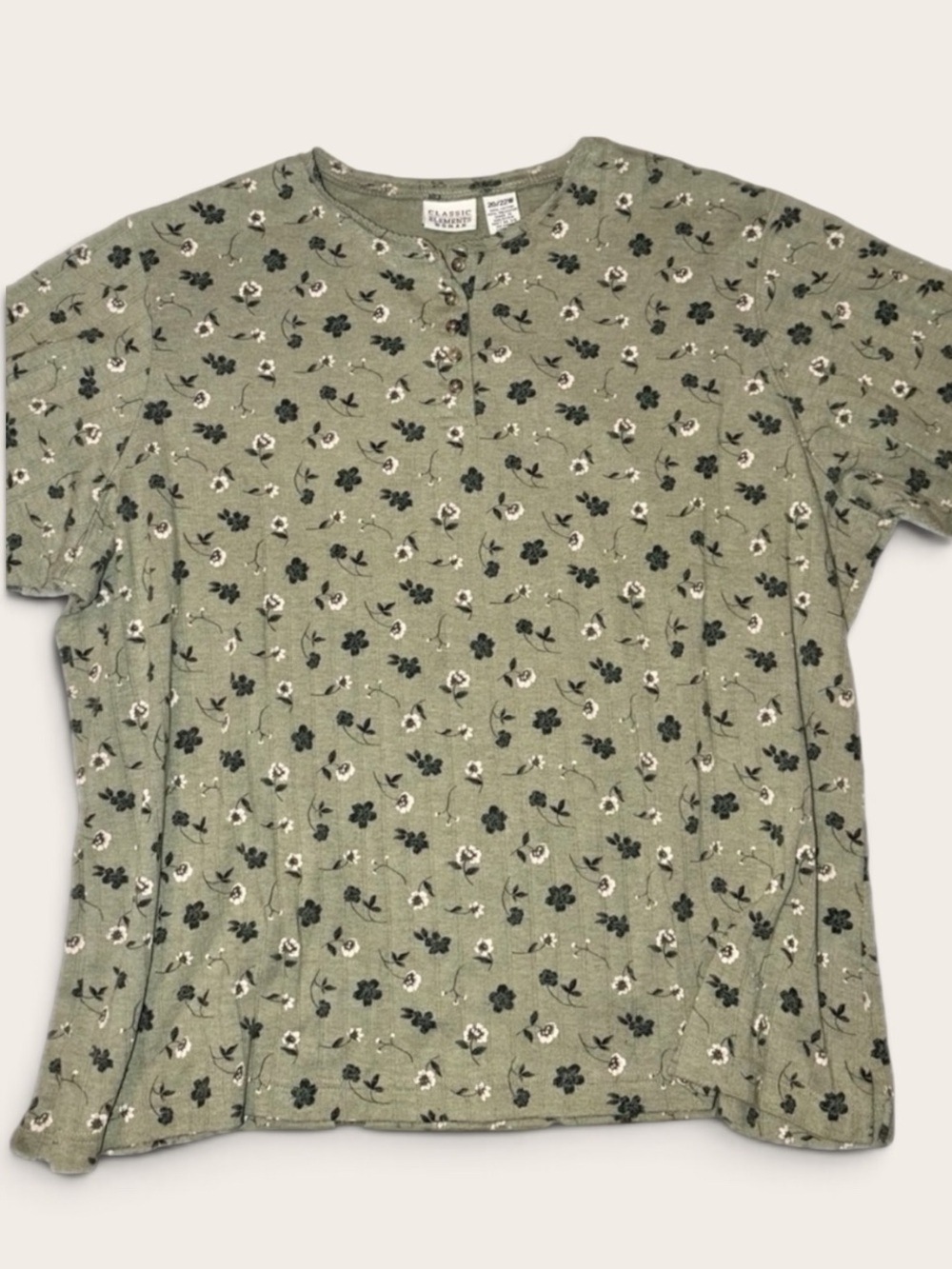 Classic Elements Woman 20/22W Floral Henley Top Sage Green Plus Size